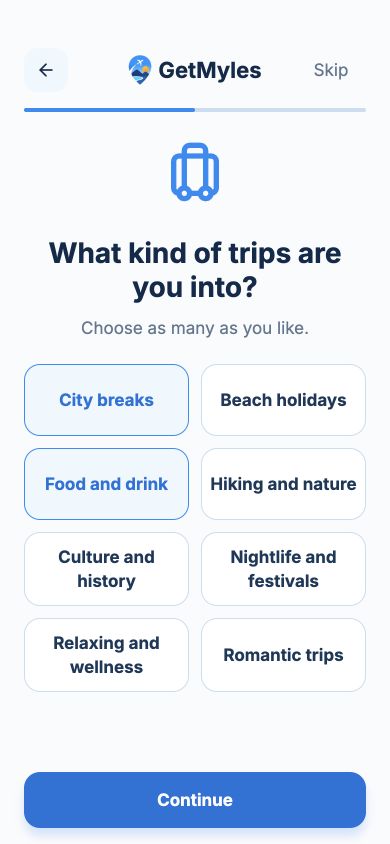 Actual app travel interests with City breaks and Food and drink selected