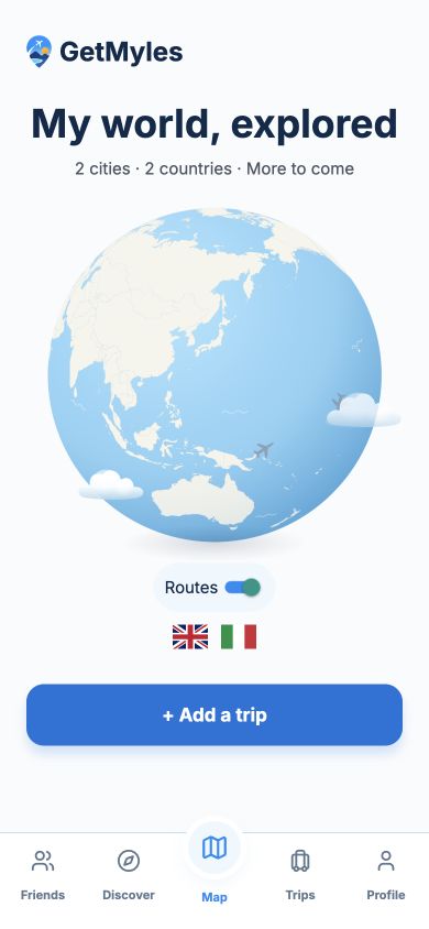 Current Expo app globe with London and Rome journey routes