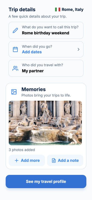 Current app memory page with the Rome photo collection