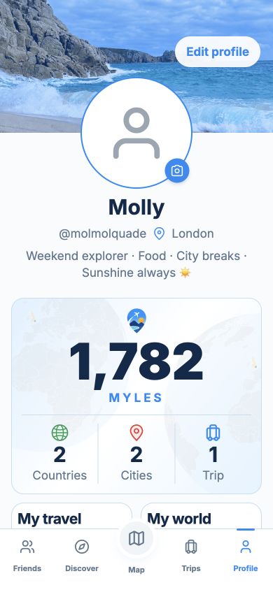 Current GetMyles app profile with Myles, country and city totals