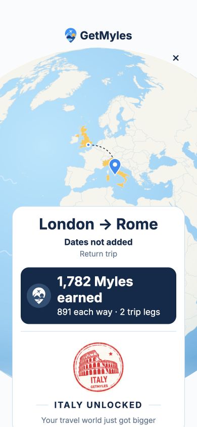 Actual app trip celebration with the Italy stamp and confirmed Myles